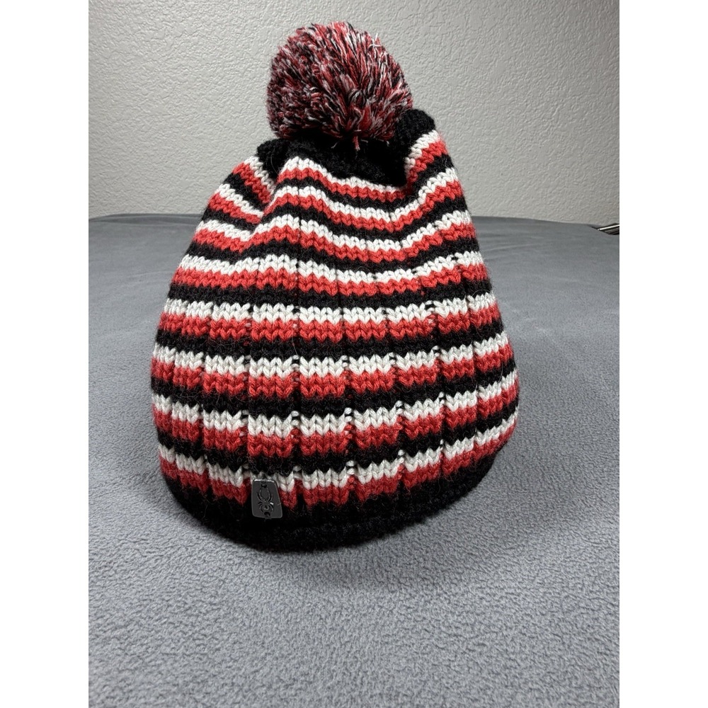 Spyder Beanie Hat Adult One Size Red Black White Striped Knit Pom Pom Winter
